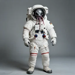 extremely detailed studio portrait of space astronaut, alien tentacle protruding from eyes and mouth, slimy tentacle breaking through helmet visor, shattered visor, full body, soft light, disturbing, shocking realization, award winning photo by james van der zee