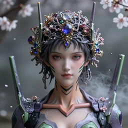 realistic 8k stunning intricate Evangelion Siren Queen character design. Kintsugi. by Daytoner, Greg Tocchini, Yoshitaka Amano. Intricate Empress Crown made of sentient mycelium jewels and gems. subtle misty xparticles. Scattered Cherry blossoms Hyperrealism. Subsurface scattering. Directed by Denis Villeneuve. Octane Render