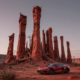 award winning photo of an ultra detailed high quality!! exotic landscape, slim and high rock columns pointing to the sky, sparse plants, weird, creepy, quiet, red color scheme, highly detailed, highly intricate, depth of field, trending on top gear, full car body, wide angle lens