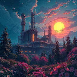 a beautiful hyperdetailed anime illustration of industrial architecture highlands by noah bradley, futuristic retrowave anime morning sun at night nature fisheye hyperrealism forest at dusk flowers uv light, archdaily, wallpaper, highly detailed, trending on artstation.