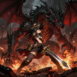 anime girl with steampunk clothes and a steampunk sword fighting a massive dragon, extremely detailed, intense, ominous, lots of particles, sparks, dark, black, red, orange,