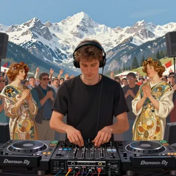 male dj mix his music in front of the crowd on the Alps mountains, highly detailed, digital painting, artstation, concept art, sharp focus, illustration, art by artgerm and greg rutkowski and alphonse mucha and Norman Rockwell,
