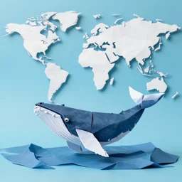 humpback whale in the middle of the ocean but the world is made of origami