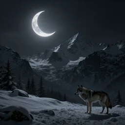 digital matte fantasy dreamy mountain scape dark tones snow, crescent moon, wolf, 8 k by alex grey