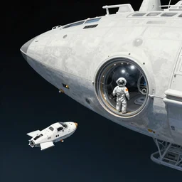 a small spaceship docking inside a large spaceship by dan seagrave art and Moebius