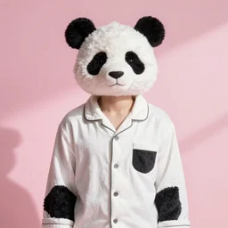 jimin from bts in an panda pijama, photorealistic, cute, pink background, good quality, simple, photograph, sharp focus, centered, smile
