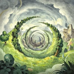 a futuristic city, trees, spiral, naive nerikomi, weird perspective, extra narrow, detailed illustration by moebius and james jean, scenic spiral environment by rhads and moebius and pixar, trending artstation, fisheye, grass field mountainous terrain, spiral clouds and swirly mist