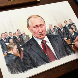 court drawing of vladimir putin on trial in the hague wide angle crying