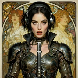striking sensual indudtrial art nouveau style portrait of cristina ricci as an cyberpunk heavy metal rebel soldier by travis charest, simon bisley and alphonse mucha, photorealism, extremely hyperdetailed, perfect symmetrical facial features, perfect anatomy, ornate declotage, weapon, latex, excited expression, wild eyes