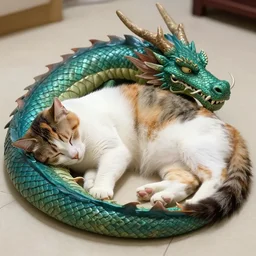 a realistic photo of a cat sleeping on the back of a dragon