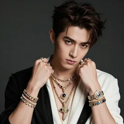 a photographic character model design of a very handsome rebellious young man wearing excessive jewelry in an ornate and elegant way, flirtatious and intrigued