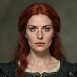 head portrait, full faced, 40 years old women, dark red hair, green eyes, in historic clothing, digital art, medieval fantasy