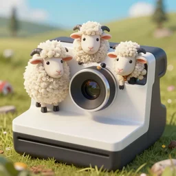 three cute human with sheep's head + furry + goatman, landed on a polaroid camera, micro - landscape, comic paint, highly details, 4 k,