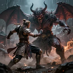 warrior fighting the demons, high quality, trending