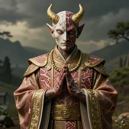 a priest with a devils mind, skin made of intricate wagyu, split - complementary - colors, oliven oil, insanely detailed and intricate, elegant, ornate, hyper realistic, by mark brooks
