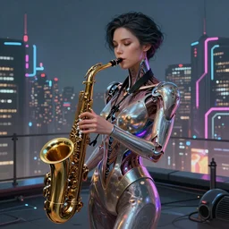 portrait futuristic saxophone player, in future cyberpunk sydney rooftop , sci-fi, fantasy, intricate, very very beautiful, elegant, human anatomy, neon light, highly detailed, digital painting, artstation, concept art, smooth, sharp focus, illustration, art by tian zi and WLOP and alphonse mucha