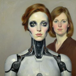 portrait of a female android painted by Norman Rockwell and Sandra Chevrier