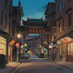 a quiet chinatown street, evening, highly detailed, low angle view, studio ghibli, artstation