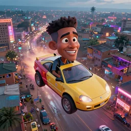3 d vfx - caricature - art of flying cars over a bustling neon lit wet ajegunle slum in nigeria, cinestill 8 0 0 t photograph, unreal engine render, digital illustration, illustration style by mike winkelmann, sharp, intricate detail, volumetric light, ray tracing, soft light, colourful, surreal environment, drone view, fish eye lens,
