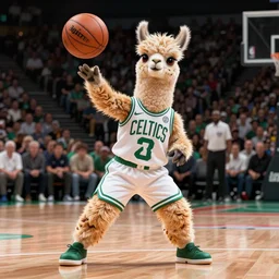 photorealistic anthropomorphic llama as larry bird playing basketball in celtics outfit, playing in a nba court, crewson photography, dnd character art portrait, deviantart artstation, by jason felix by steve argyle by tyler jacobson by peter mohrbacher, cinematic lighting