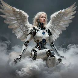 fallen angel robotic woman cloud portrait, futursitic grunge retro tech art by WLOP and Tony Sart, artstation