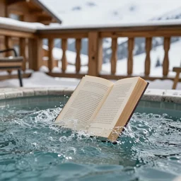 a fines book sinking in the water in a bubbling hot top, ski chalet balcony