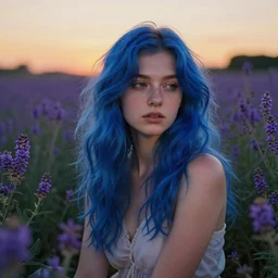 photograph of a young woman with blue hair lush flowering indigofera, serene eveninig, surrounded by flowers, evening hour, golden hour, rough skin pores texture, cute and gorgeous, a masterpiece hyperrealistic, ultra detailed fullbody, photoreal image, actual person, extremely detailed, trending on artstation, sharp focus, 4 k.