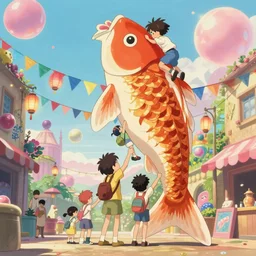 memorable animation key shot, anime movie screenshot, kids climbing up the giant koi fish schwerer gustav!!!!, colorful bunting, dim lanterns, grafitti!!, bubblegum, ghibli, themepark, by mandy jurgens, by satoshi kon, ilya repin, lena aenami, shinji kimura, daylight pastel color palette