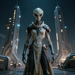 medium shot, an alien with beautiful glowing eyes, detailed symmetrical face and skin, wearing a long flowing cloth shirt over stylish large futuristic suit poses beside an outpost with tall detailed structures with lights at night, incredible detail, anamorphic 2 0 mm lens cinematic flare