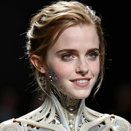 beatifull closeup of face shoulders of biomechanical emma watson sculpture, fractal, intricate, elegant, highly detailed, ornate, elegant, luxury, beautifully lit, ray trace grinning vogue fashion shoot by peter lindbergh fashion poses detailed professional studio lighting dramatic shadows professional photograph by nick knight & show studio styling