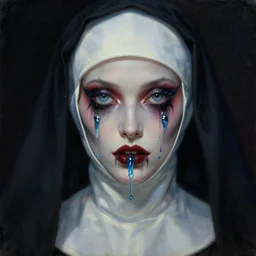 'The stare of the nun' A beautiful detailed aesthetic horror portrait painting depicting 'A satanic nun with a demonic stare, occult lip tattoos, strange blue liquid crystals' by Odilon Redon, Trending on cgsociety artstation, 8k, masterpiece, cinematic lighting.
