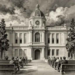 Alvaro Uribe Vélez in court, detailed court drawing