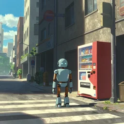 cross walk, lonely robot, vending machine in a street next to tall buildings, a matte painting by satoshi kon, cgsociety, context art, greeble, toonami, reimagined by industrial light and magic, ultra wide, dust, hot day