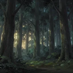 dark forest at dawn, anime background