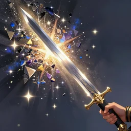 warrior striking through a large wall made of stars and fragmented colors, light dust, magnificent, sword, close up, sharp focus, elegant, highly detailed, illustration, by jordan grimmer greg rutkowski wlop maya takamura, intricate, trending artstation, pixiv, digital art