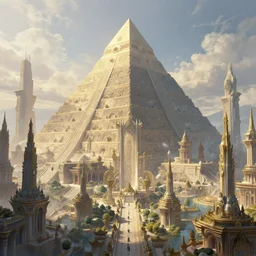 an futuristic ethereal city with temples with a giant pyramid 8 k highly detailed hyperornate by marc simonetti and caspar david friedrich, trending on artstation
