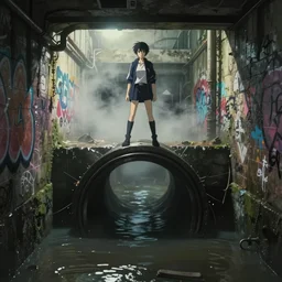 ghost in the shell movie screenshot, person standing in edge of large round sewer pipe in underground london sewer, graffiti on walls, flood, water, submerged dramatic, misty, cinematic lighting, ghibli, sharp focus, ilblard jikkan, by koji morimoto, by tatsuyki tanaka, 4 k