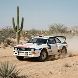 Audi quattro rally car driving thru the desert. Cactus. Muted colors, photograph, high-speed photography, motion blur, midday, film 35mm