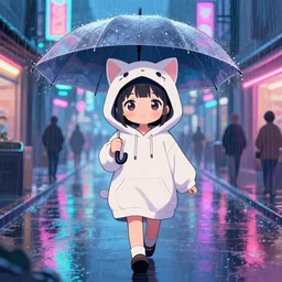 a cute anime girl wearing a cat hoodie holding an umbrella walking in a neon lit street in the rain in the style of america mcgee's alice, wlop, ilya kuvshinov, artgerm, krenz cushart, greg rutkowski, hiroaki samura, range murata, james jean, katsuhiro otomo, erik jones, serov, surikov, vasnetsov, repin, kramskoi