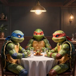teenage mutant ninja turtles are sitting at the table. da vinci. secret supper. there is a cola on the table. pizza on the table. realistic oil painting on canvas