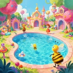 photo of swimming pool whimsical fairy wonderland vibrant colors candyland wonderland by artgerm and greg rutkowski and magali villeneuv art beeple, by thomas kinkade hearstone league of legends dofus beatrix potter