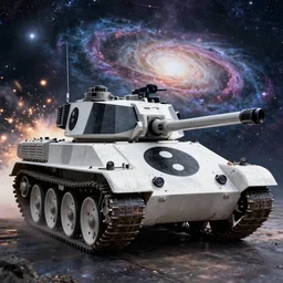 heavy armor battle tank painted in white and black yin - yang dao symbol blasting away at dystopia, cosmos full of galaxies backdrop