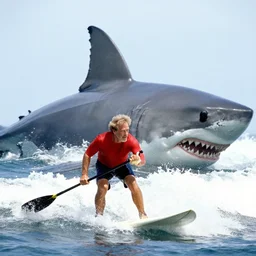 Steven Spielberg paddling on a Surfboard while a huge shark fin of a great white shark appears behind him