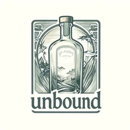 logo for a gin distillery named unbound, art nouveau, muted colors, adventurous