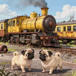 wholesome animation key shot, pugs explore an abandoned train yard, rust, yellow steam trains, studio ghibli, pixar and disney animation, sharp, disney concept art watercolor illustration by mandy jurgens and alphonse mucha and alena aenami, pastel color palette, bloom!!! dramatic lighting