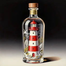 a red and white lighthouse inside a clear bottle, very fancy whiskey bottle, intricate concept painting by yoshitaka amano, daytoner, greg tocchini