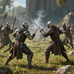 small - scale medieval fight, a little bit of smoke, hyperdetailed, cinematic lighting, 3 d photorealistic, unreal engine