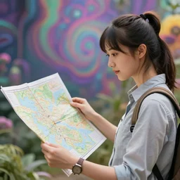 a cute lady cartographer looking over a paper map of the psychedelic experience