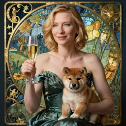 cate blanchett with glass of champagne in her hand and a shiba inu puppy on her lap. art nouveau. mucha