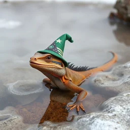 photograph of a wizard lizard in a steamy hotspring at yellowstone national park